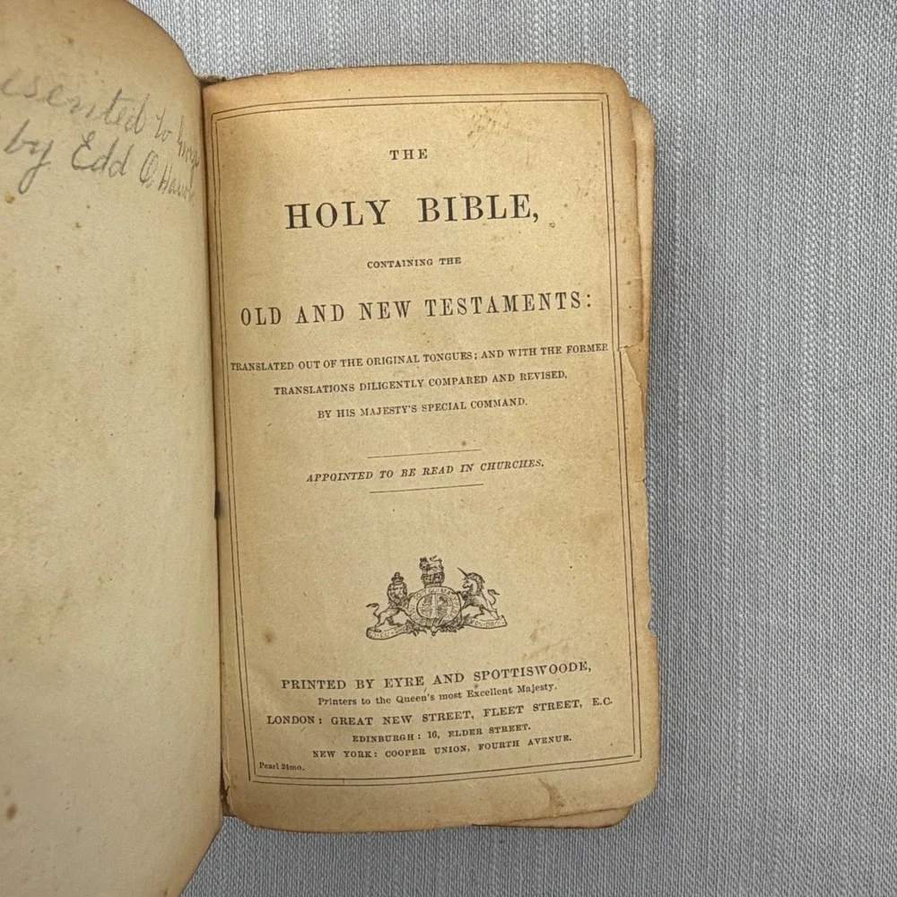 Vintage Eyre & Spottiswoode Holy Bible Leather KJV Embossed Pocket Pearl c 1873